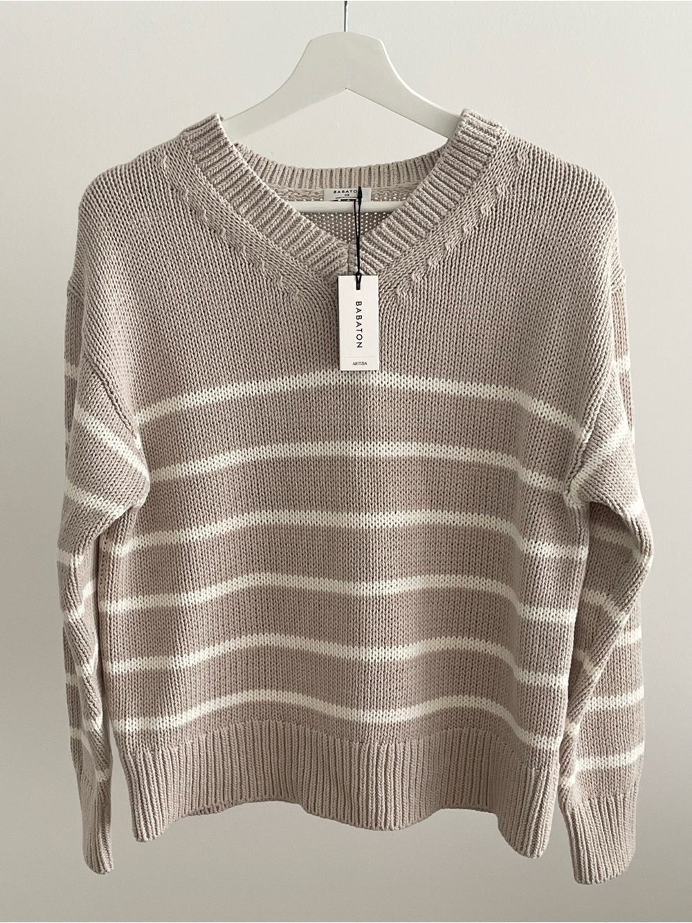 Aritzia Babaton Simpatico Sweater in Light Taupe and White